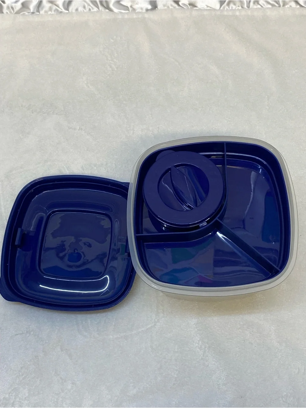Fit & Fresh plastic sectional food storage container with a blue lid lunchbox